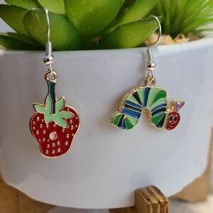 Handcrafted Enamel Strawberry and Caterpillar Dangle Earrings NEW‎ Ladies/Girls
